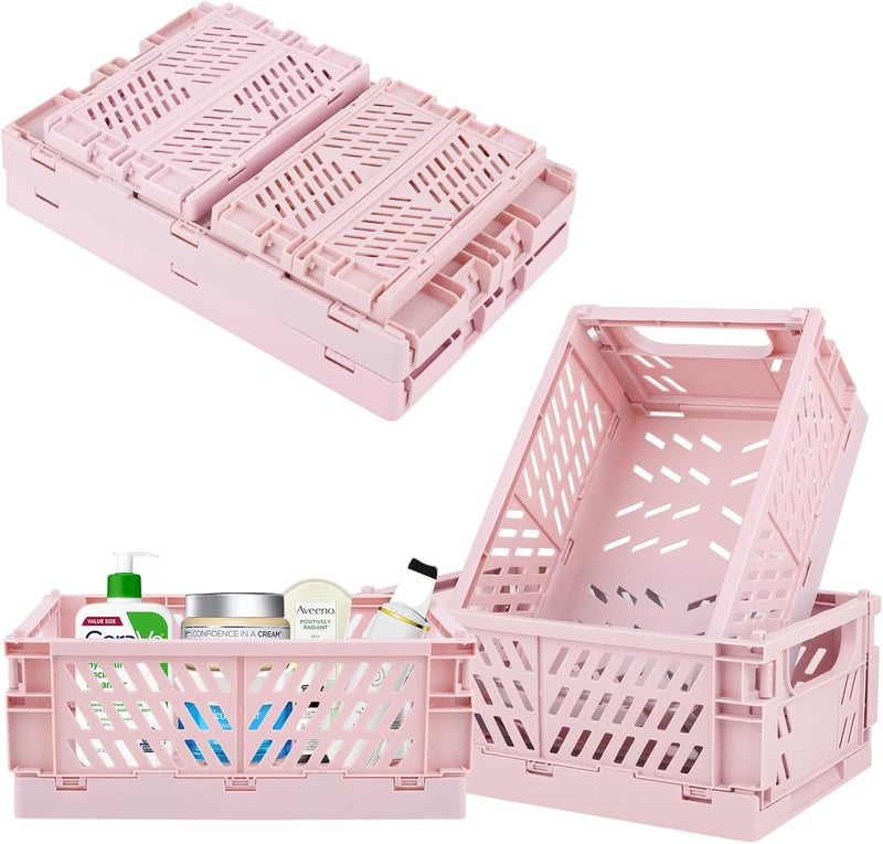 Weraher Plastic Baskets for Desk Organizing, Drawer Organizer, 2 Medium+2 Small Durable Folding Storage Crate for Home Kitchen Classroom Office Bedroom and Bathroom (Pink) - Image 1